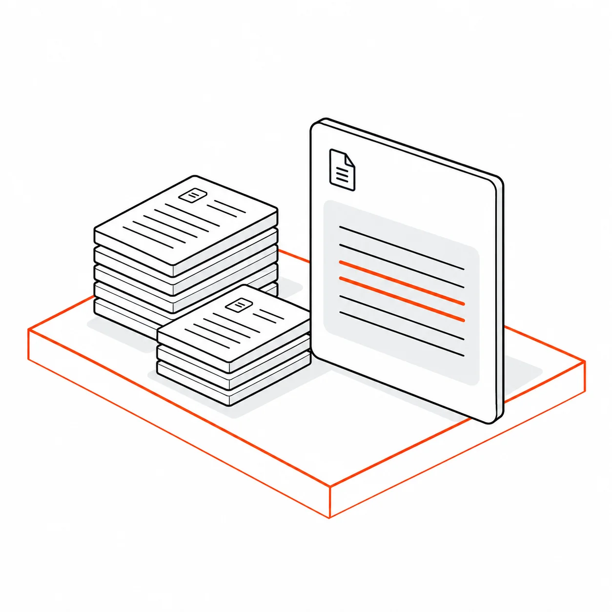 A source document and reference pages on an orange outlined platform.