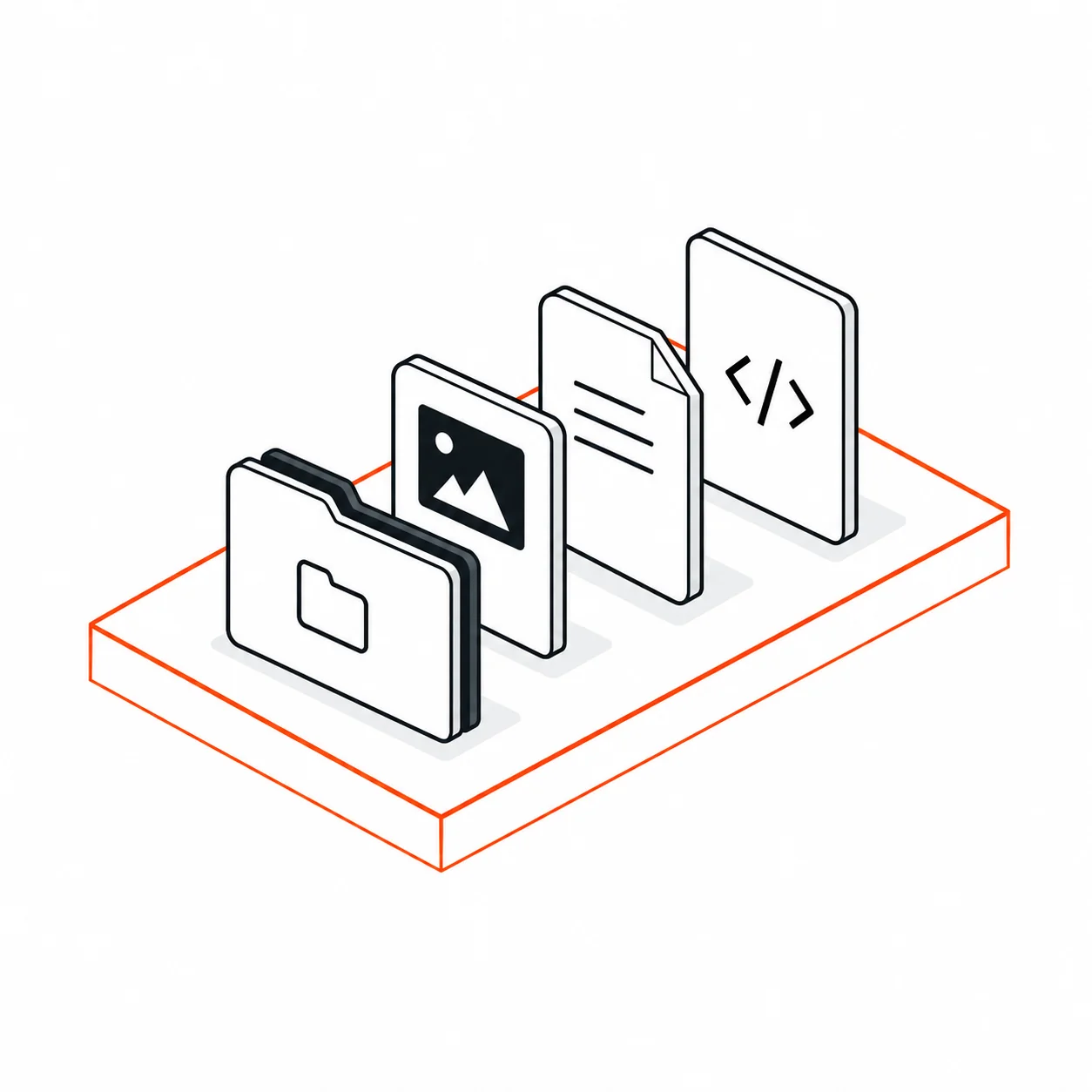Documents, images and code files standing on an orange outlined workspace platform.