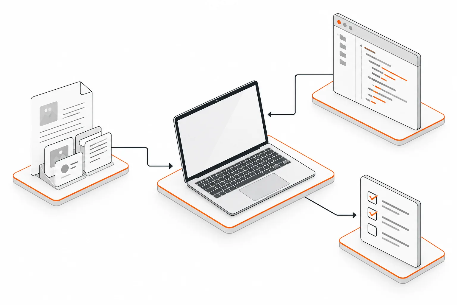 Isometric illustration of research documents, project files and an operations checklist connected to a local workspace.